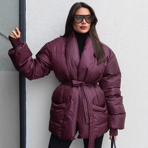 Women's Quilted Tailored Quilted Jacket with Shawl Collar and Tie Belt Amarae
