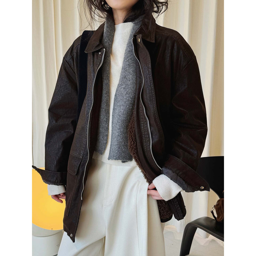 Women Oversized Leather Look Bomber Jacket with Teddy Lining and Metal Zipper Amarae