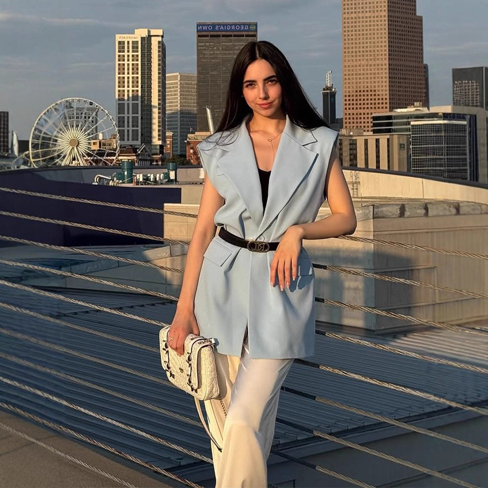Women's Sleeveless Long Blazer Vest with Emphasized Shoulder and Waist Shape Amarae