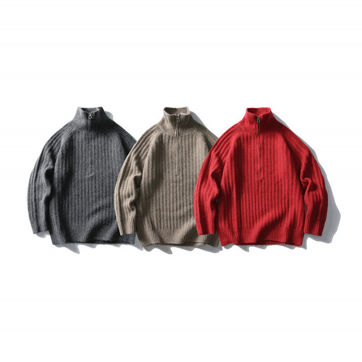 Unisex Oversize Ribbed Half-Zip Sweater with Stand-Up Collar Amarae
