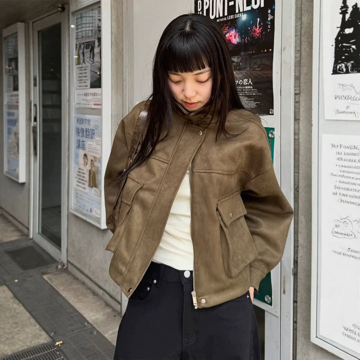 Women's Cropped Velvet Jacket in Utility Style with Hood and Patch Pockets Amarae