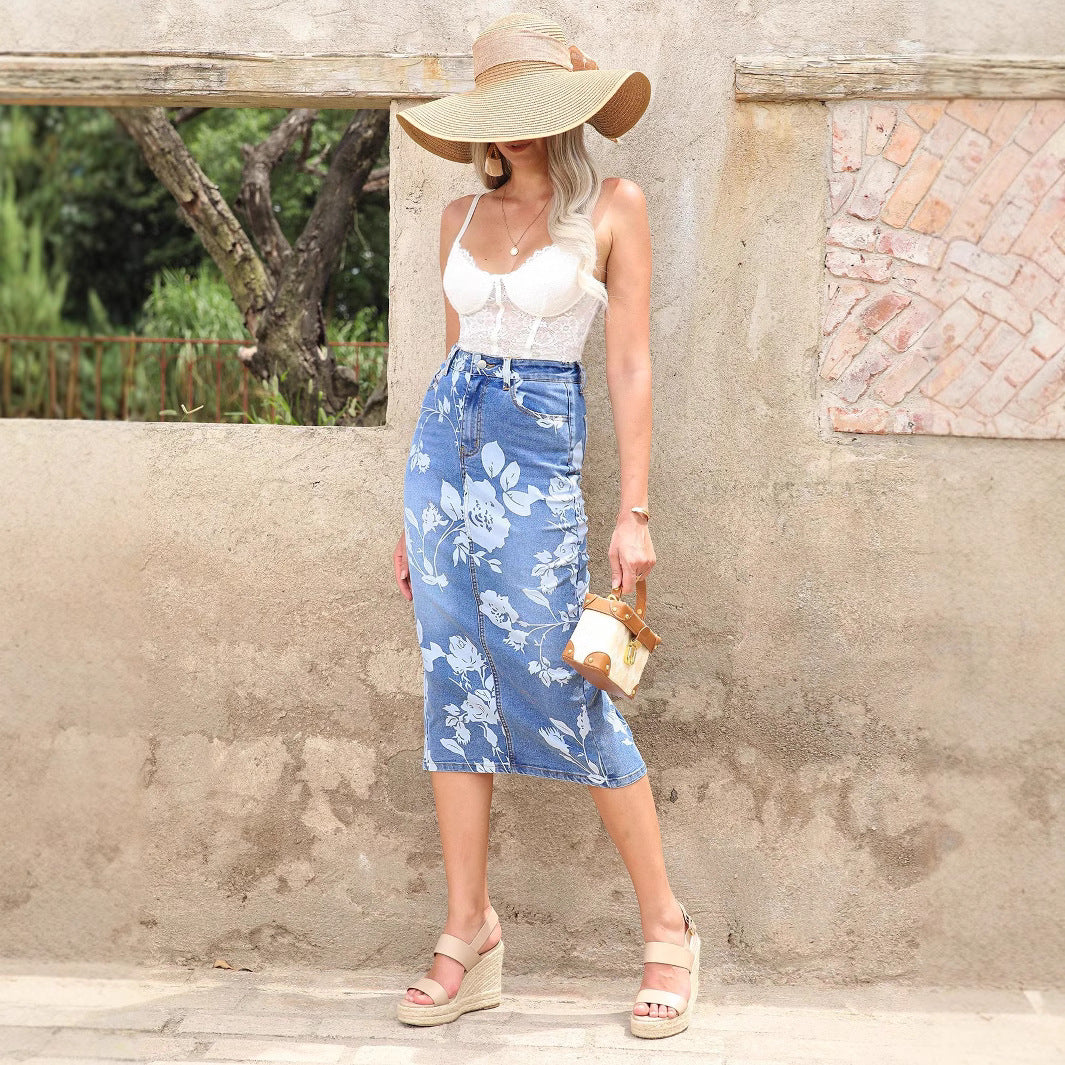 Women's high-waisted floral denim pencil skirt (Midi) Amarae