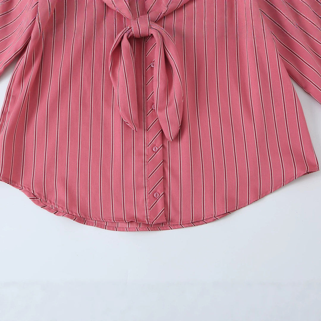 Women's blouse with bow collar, continuous button placket and balloon sleeves Amarae