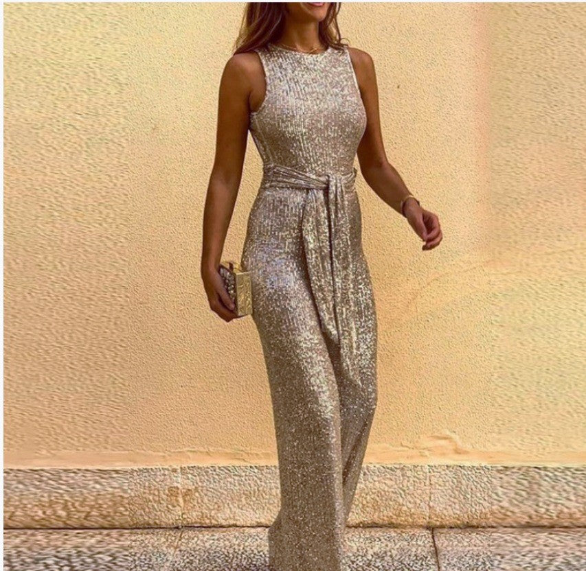 Women's Glamorous Maxi Dress with Shiny Sequin Trim and Elegant Waist Tie