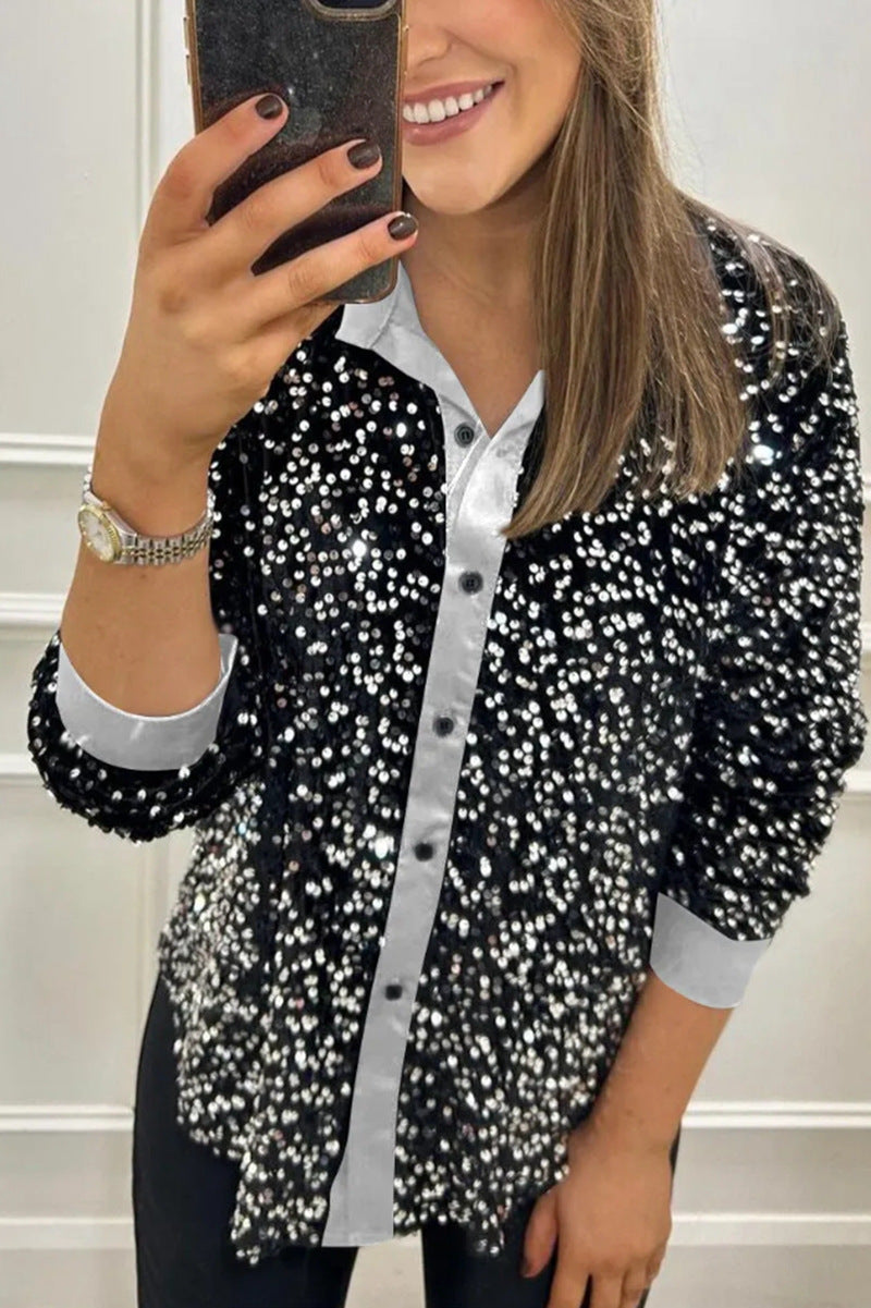 Blouse à sequins glamour pour femmes avec col classique et manches longues Chic & Stil