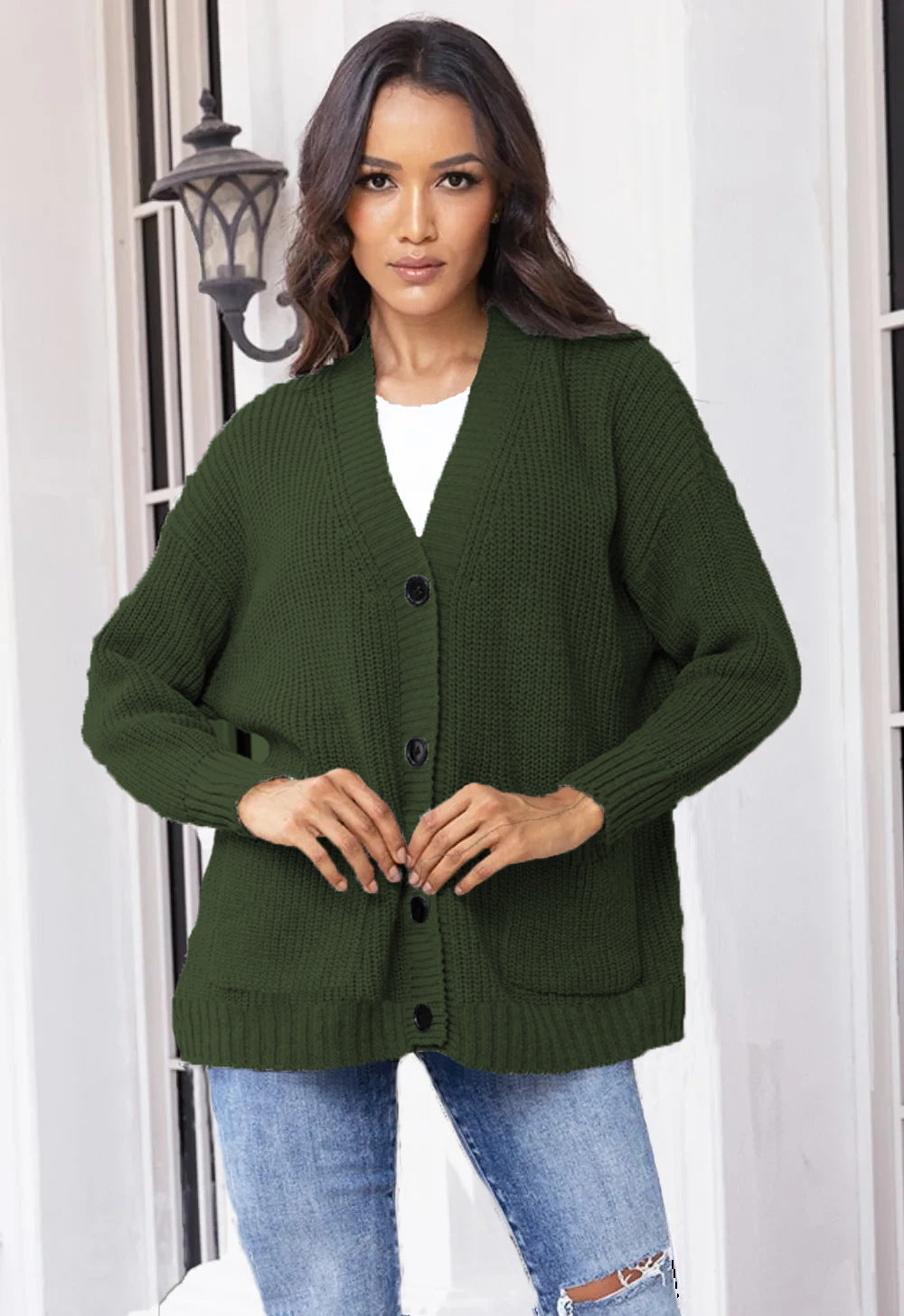 Ladies chunky knit cardigan with large pockets and modern button design Chic and Still
