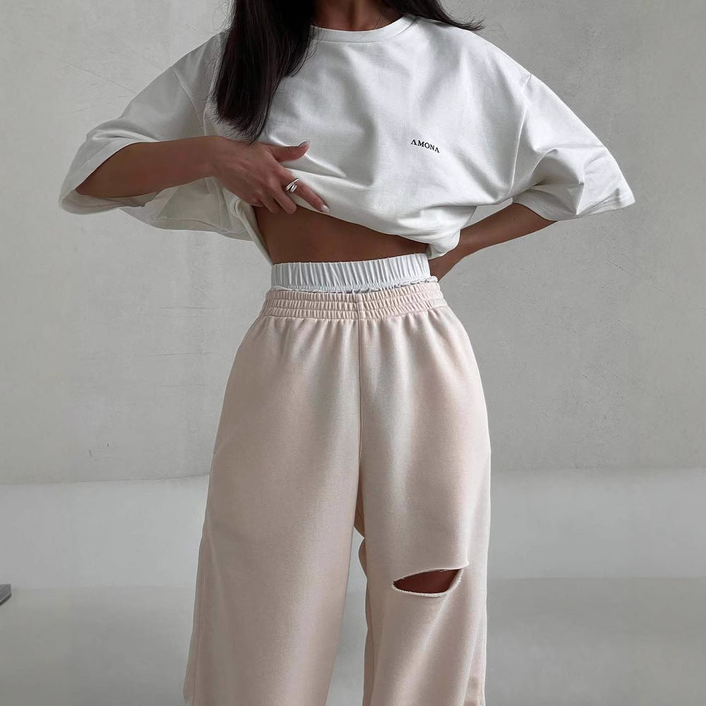 Oversized casual t-shirt for ladies and loose-fitting leisure pants with zipper Lune London