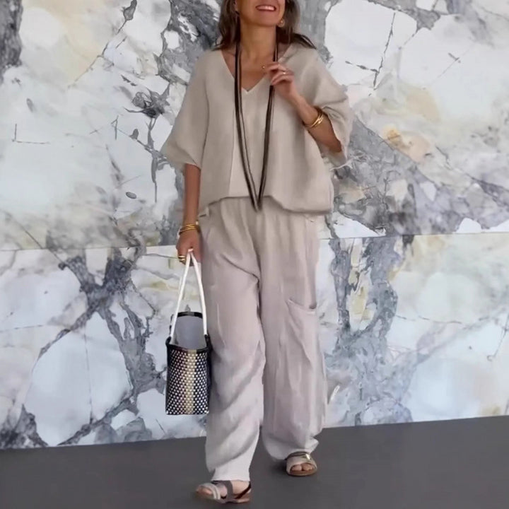 Women Casual Linen Outfit with Wide Legs and V-Neck Lune London