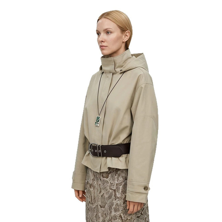 Women Short Vegan Leather Jacket with Hood, Concealed Snap Button Placket and Drawstring Hem Amarae