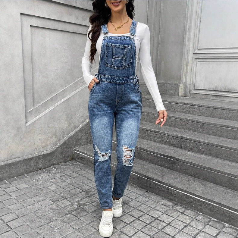 Women's denim dungarees with sculpting high waist, side decorative button plackets and ripped knee section Amarae