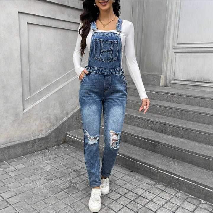 Women's denim dungarees with sculpting high waist, side decorative button plackets and ripped knee section Amarae