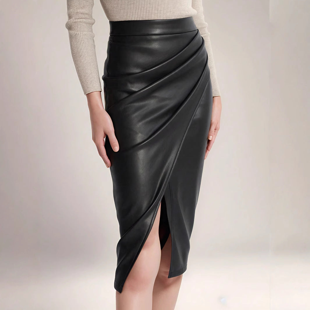 Chic and elegant draped midi skirt in faux leather for women