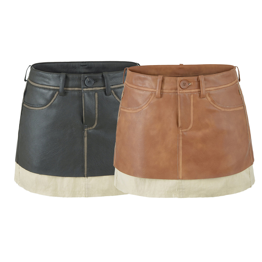Ladies High-Waisted Faux Leather Mini Skirt with Decorative Seams and Belt Loops Amarae