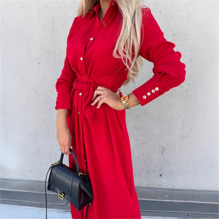 Ladies Elegant Midi Dress with Belt and Chic Button Placket and Style
