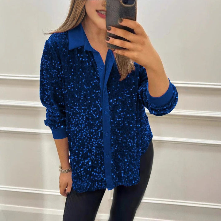 Women Glittering Blouse Made Of Sequins with Classic Collar Lune London