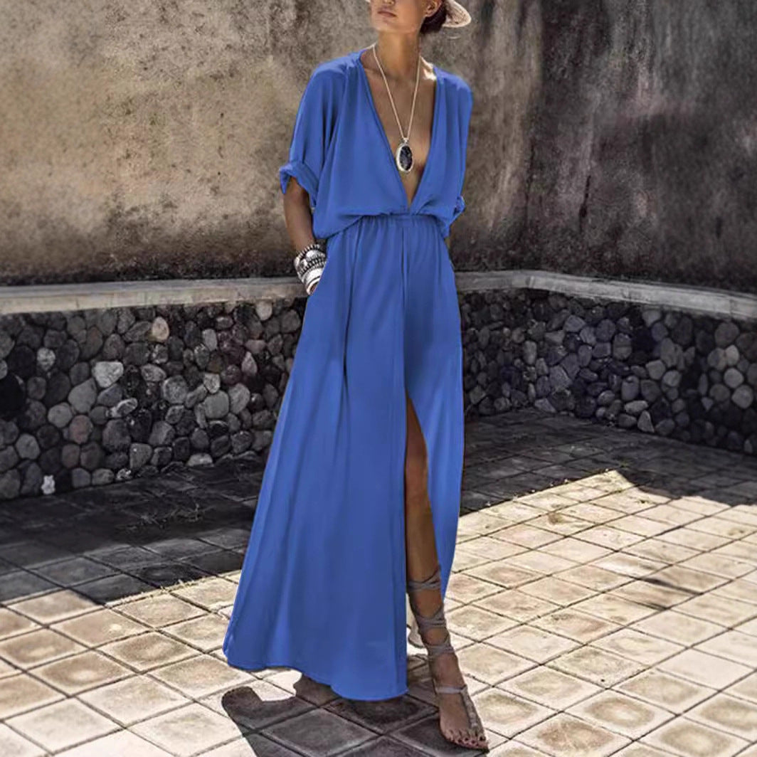 Women's Elegant Maxi Dress with Deep V-Neck and High Slit Lune London
