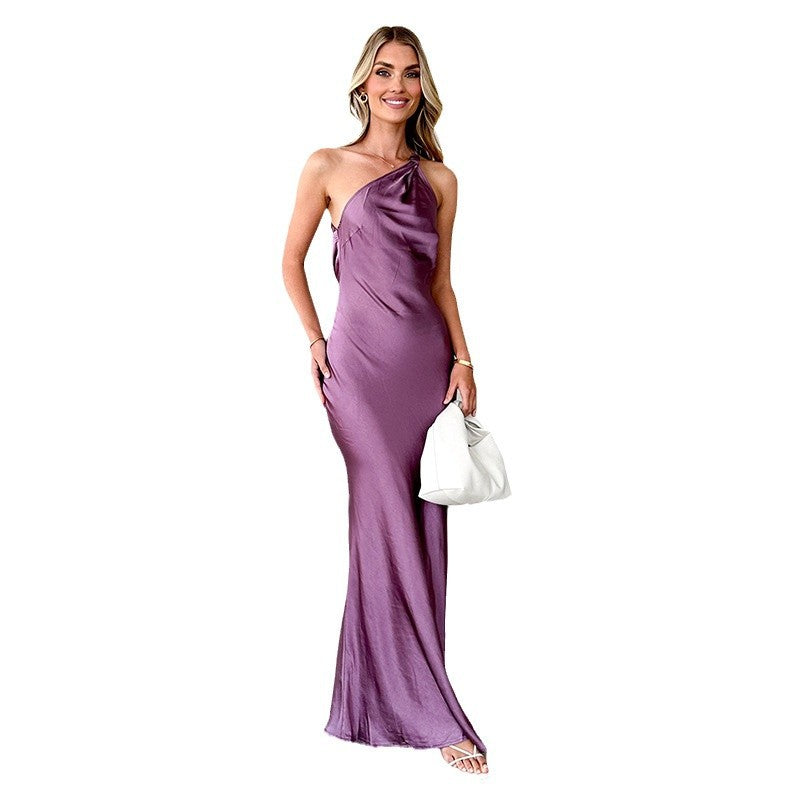 Women's Elegant Maxi Dress with Asymmetrical Strap and Flowing Satin Fall Lune London