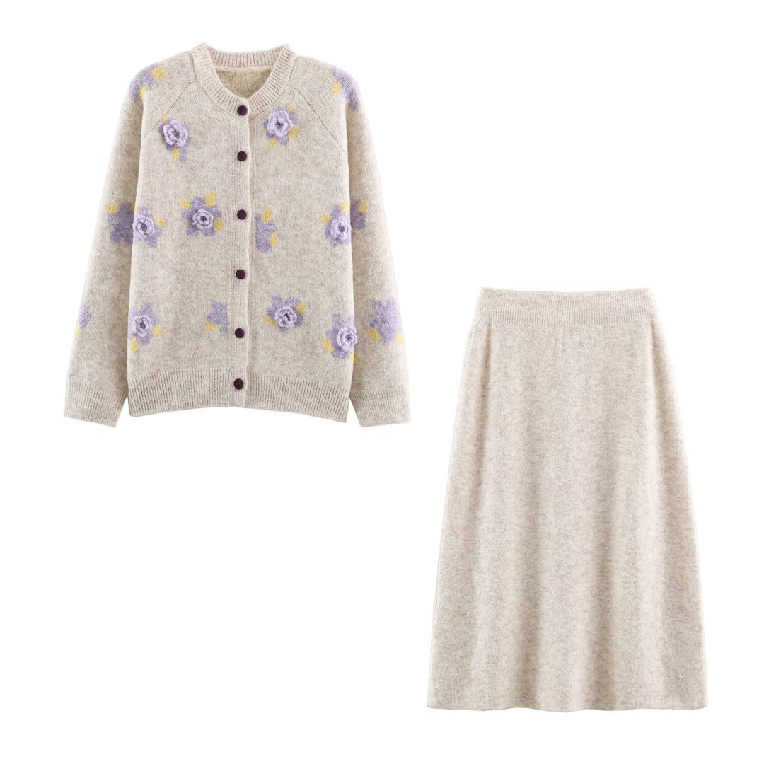 Women's Fine Knit Two-Piece Cardigan with Floral Jacquard and Tailored A-Line Knit Skirt Amarae