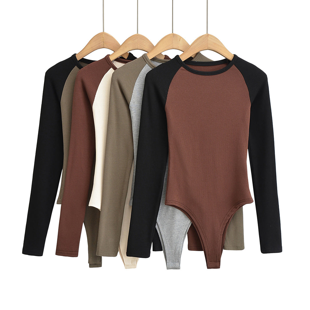 Women's raglan bodysuit with long sleeves, ribbed texture and snap closure Amarae