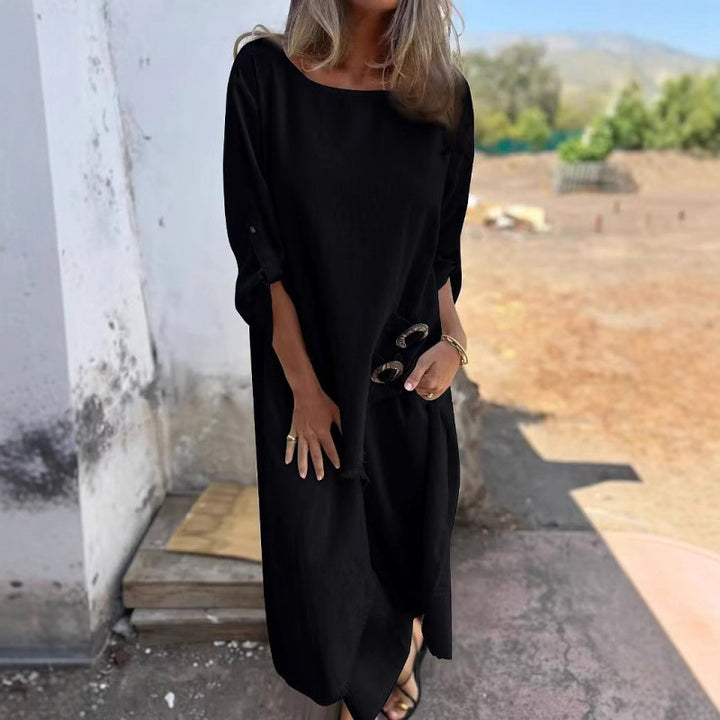 Casual maxi dress for women with a deep round neckline and practical button details Lune London