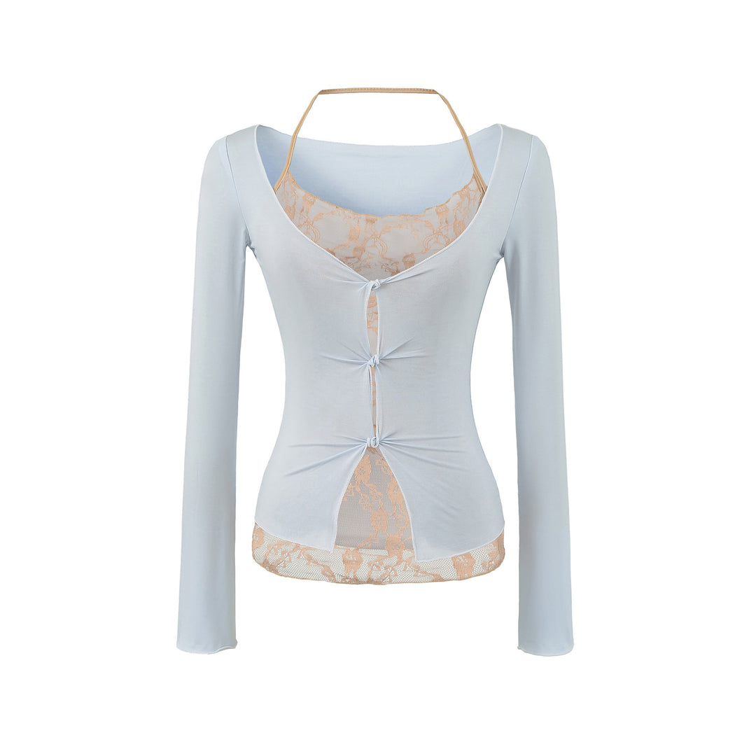 Women's Figure-Hugging Long Sleeve Top with Lace Insert and Knot Closure Amarae