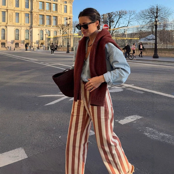 Women's Striped High-Waist Linen Pants with Wide Leg Amarae