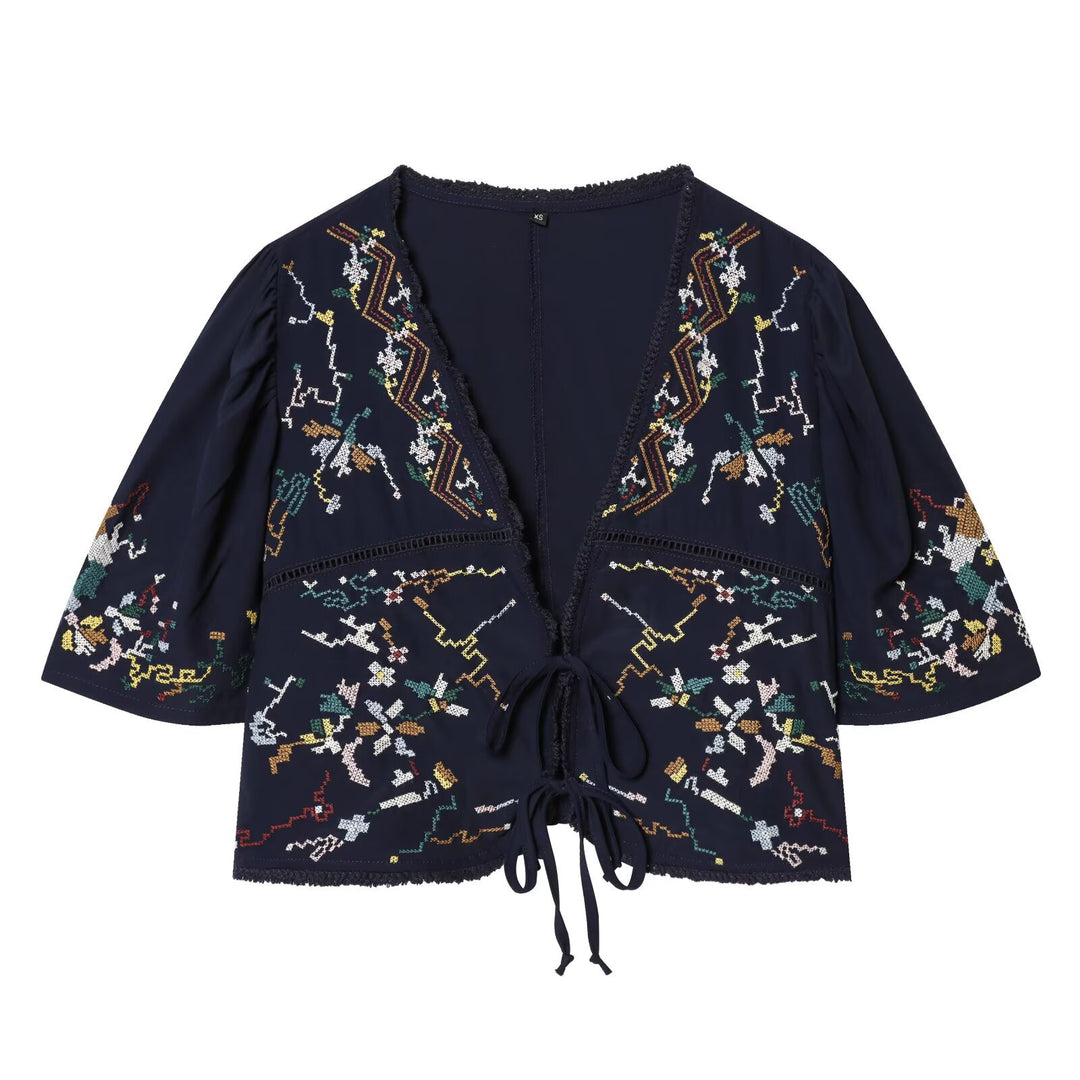 Women Embroidered Kimono Blouse with Ties and Decorative Crochet Edge Amarae