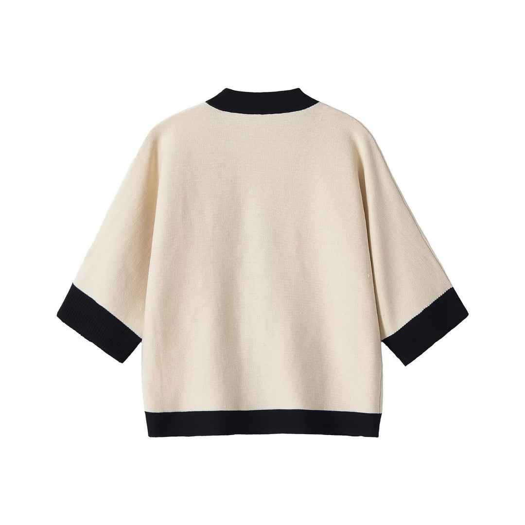Ladies Short Sleeve Knit Cape Cardigan with Contrast Trim Amarae