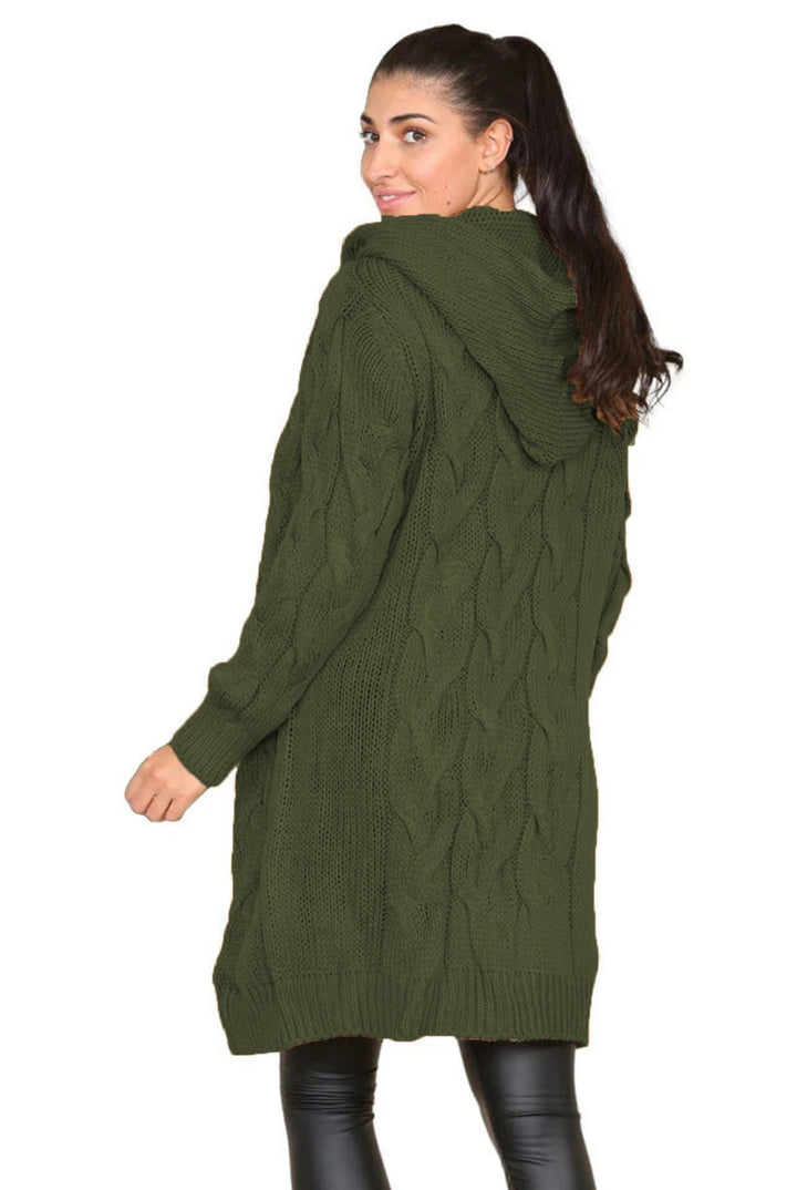 Long knitted coat for women with an elegant cable pattern and hood Lune London