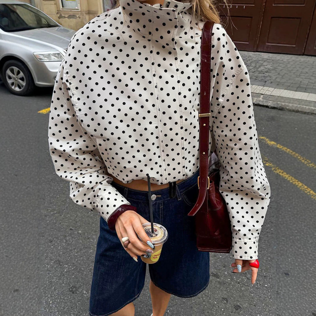 Women Short Cut Oversized Polka Dot Jacket with Stand Collar and Zipper Amarae