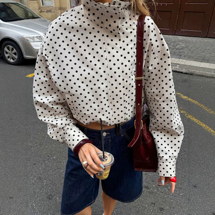 Women Short Cut Oversized Polka Dot Jacket with Stand Collar and Zipper Amarae