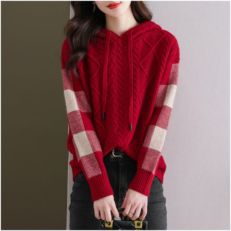Knitted sweater for women with hood and chic tartan pattern Lune London