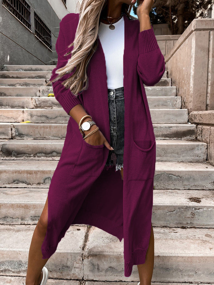 Ladies Long Knit Cardigan with practical pockets and open front Lune London
