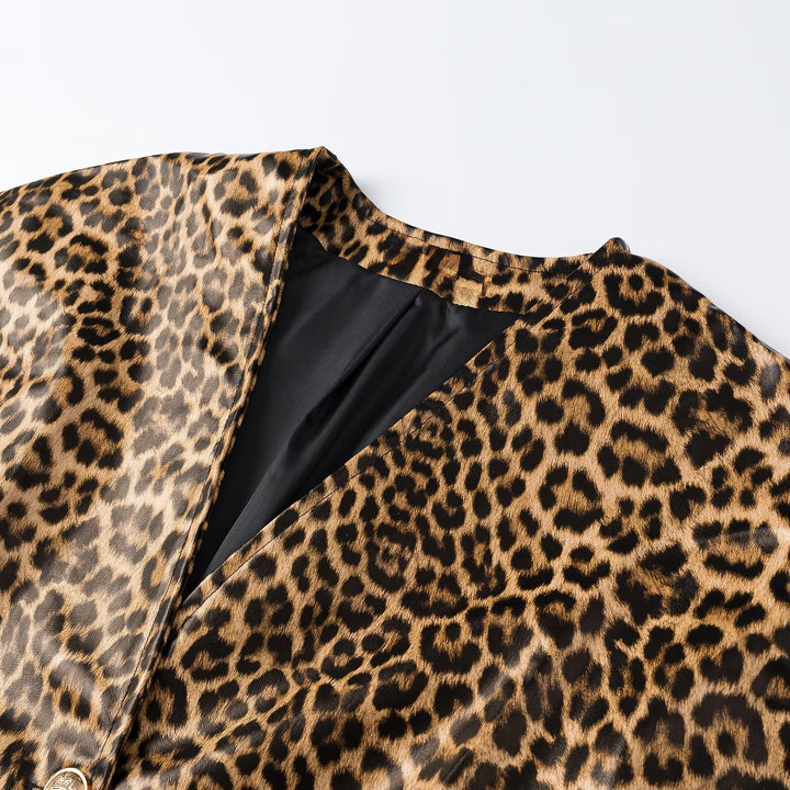 Women Tailored Blazer Vests with Deep V-Neck and Leopard Print Amarae
