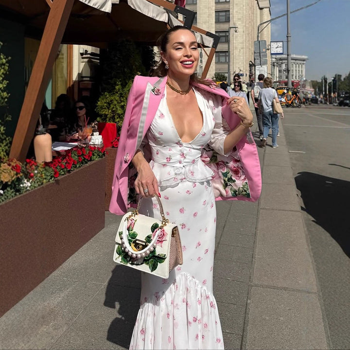 Women's Floral Satin Midi Dress with Deep V-Neck, Puff Sleeves, and Tailored Gathering Amarae