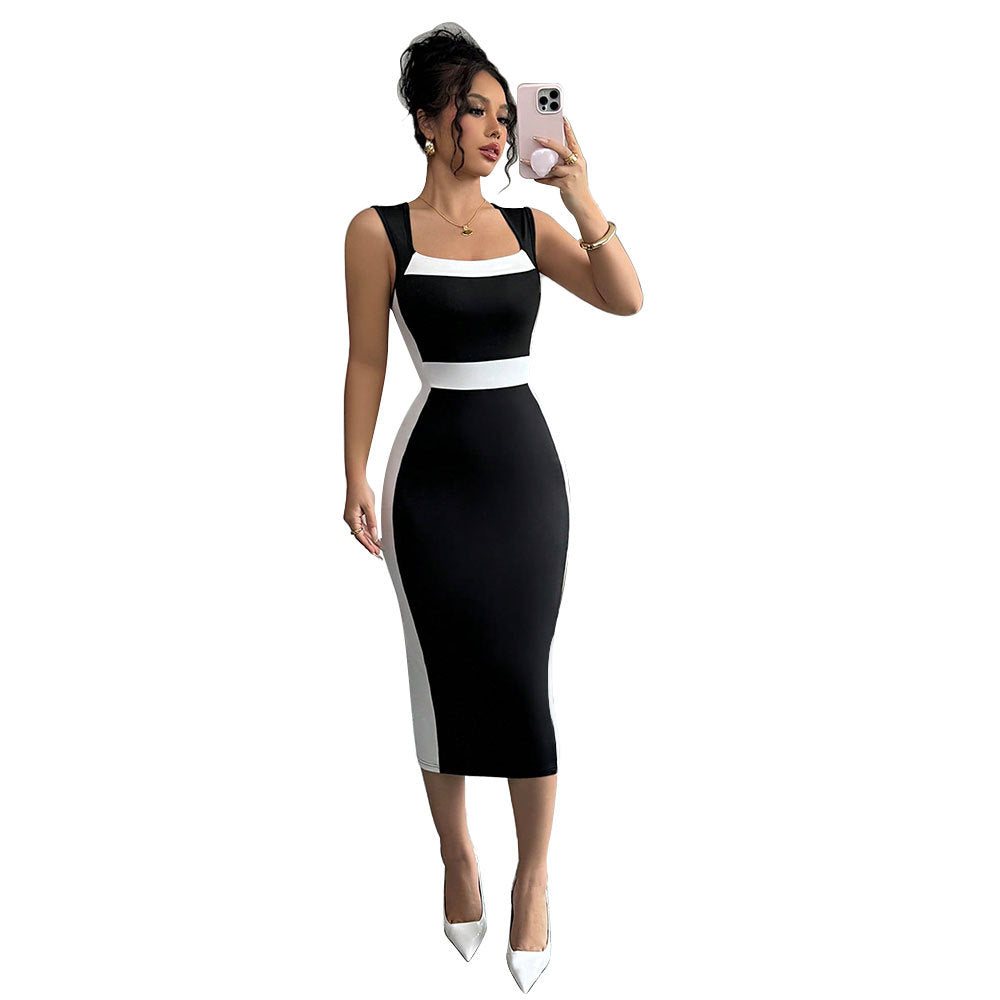 Robe midi ajustée pour femmes avec une coupe contrastée à la mode et des bretelles fines Chic & Stil