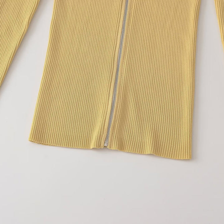 Women's Ribbed Fine Knit Cardigan with Full Zip and Stand-Up Collar Amarae
