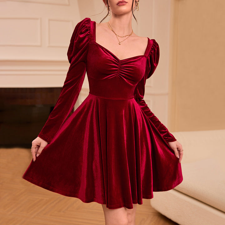 Elegant Velvet Mini Dress for Women with Puff Sleeve Details and Chic V Neck Chic & Style