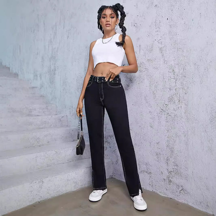 Women High-Waist Straight Jeans with Side Ankle Slit and Contrast Stitch Amarae