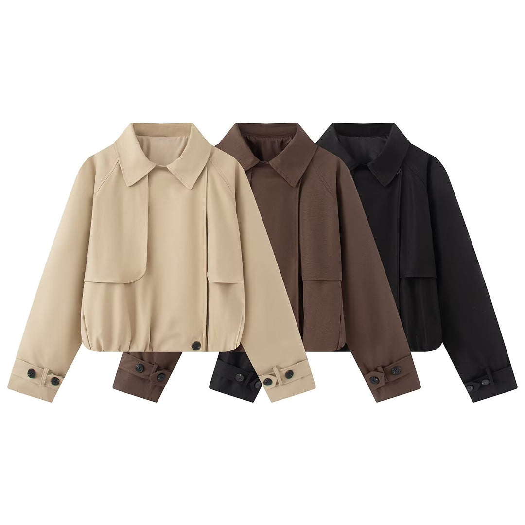 Women's Cropped Short Jacket with Cape Front, Shirt Collar and Adjustable Cuffs Amarae