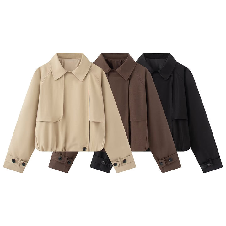 Women's Cropped Short Jacket with Cape Front, Shirt Collar and Adjustable Cuffs Amarae