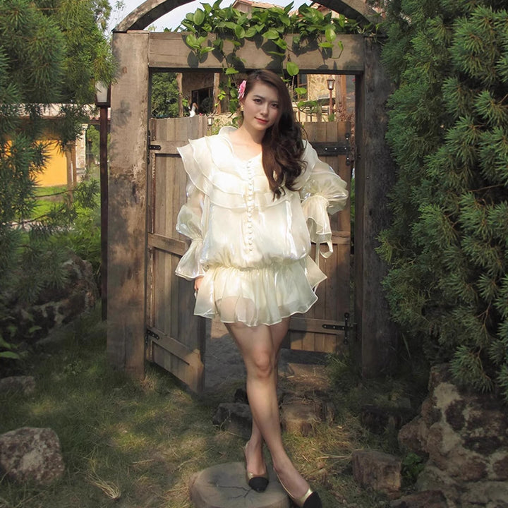 Women's Ruffled Chiffon Mini Dress with Ruffles, Sheer Layer and Button Placket Amarae