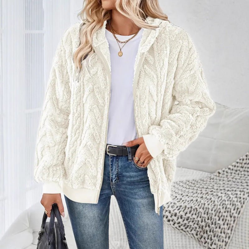Ladies Cozy Fleece Jacket with High Collar and Chic Knit Pattern