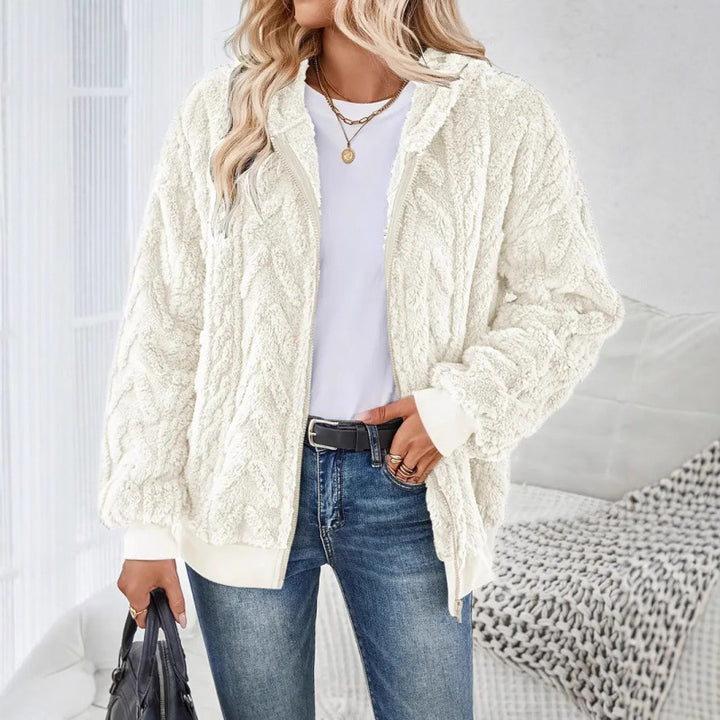 Ladies Cozy Fleece Jacket with High Collar and Chic Knit Pattern