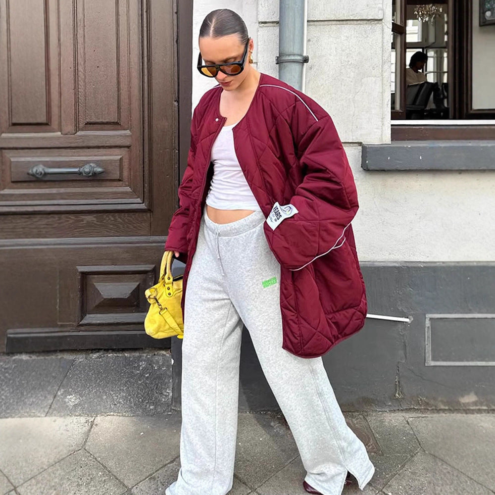 Women's Oversized Quilted Jacket with Diamond Stitching, Contrasting Piping and Snap Button Closure Amarae