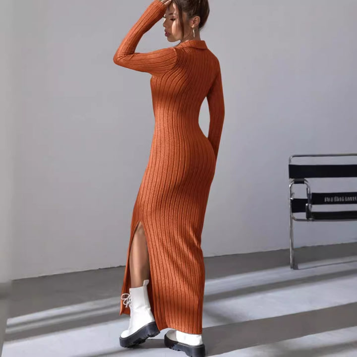 Knit dress for women with deep V-neck and side slit Lune London