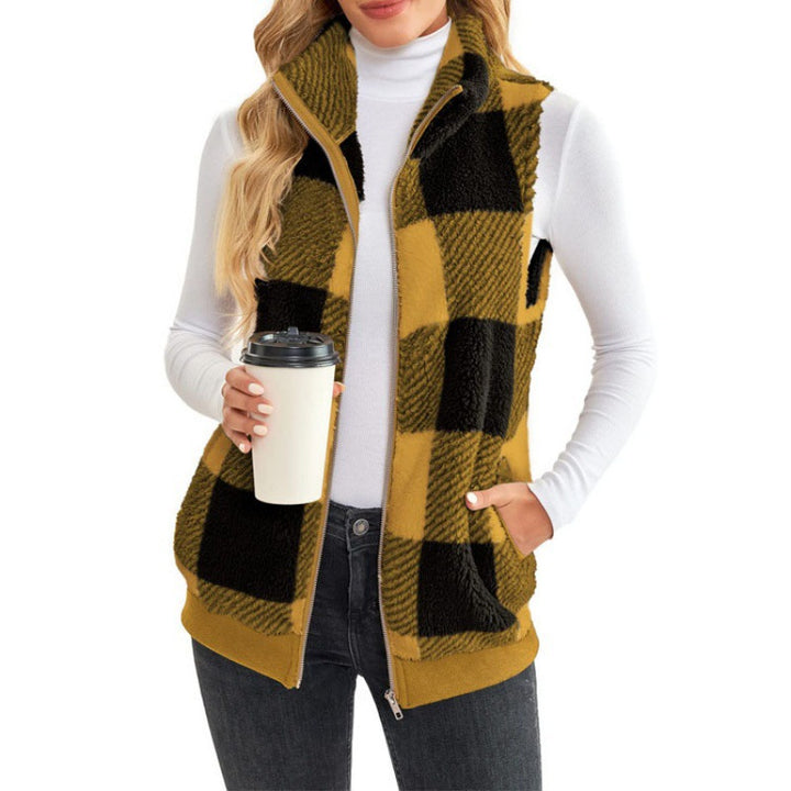 Ladies Checked Teddy Vest with Stand-Up Collar, Zipper and Side Pockets Amarae