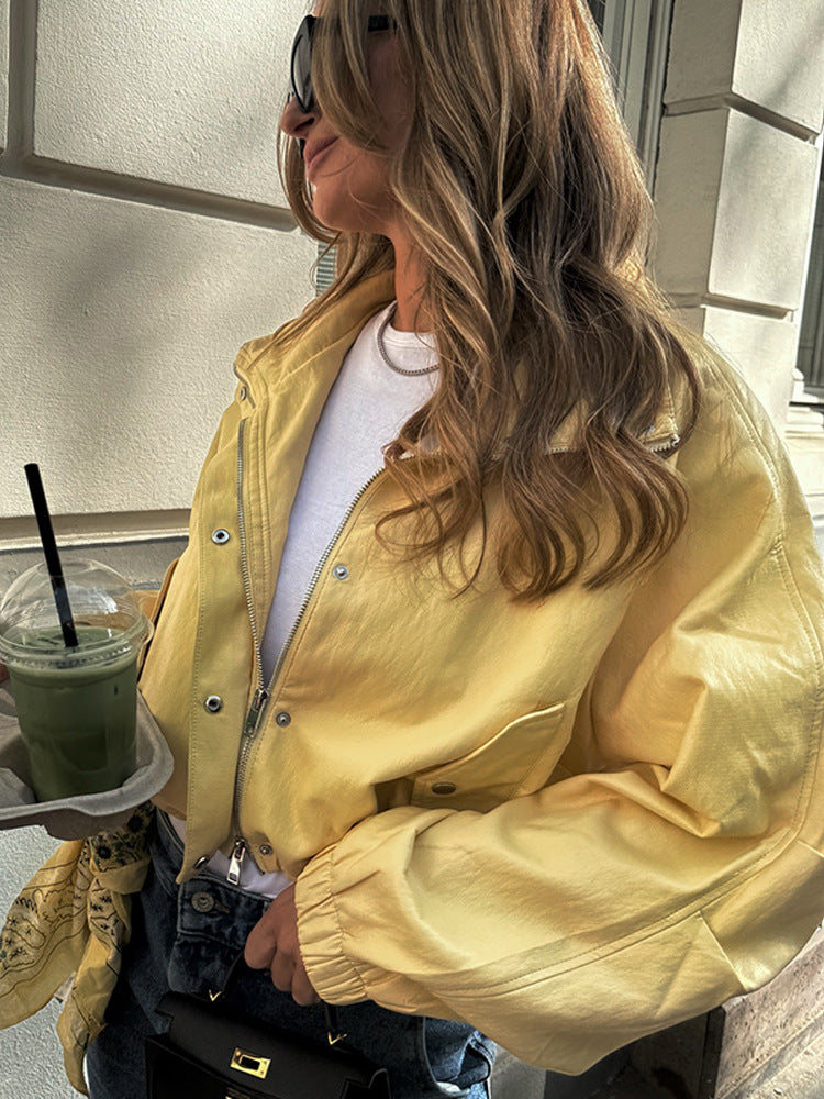 Women's Short Satin Look Bomber Jacket with Zipper, Snap Buttons & Elastic Cuffs Amarae