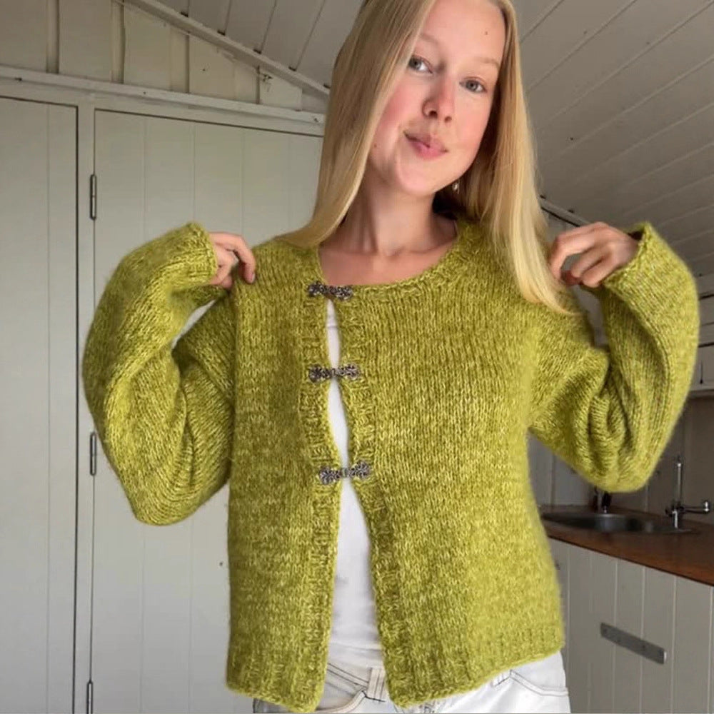 Women's Short Oversized Knit Cardigan with Decorative Hook Closures & Round Neckline Amarae
