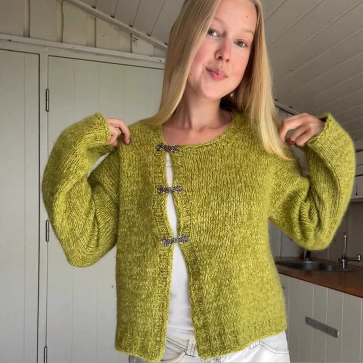 Women's Short Oversized Knit Cardigan with Decorative Hook Closures & Round Neckline Amarae